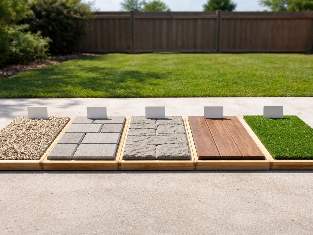 Side-by-side samples of gravel, pavers, concrete, wood decking, and turf on a patio for cost comparison.