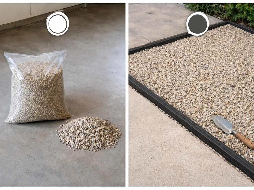 Split photo showing pea gravel bag cost vs a finished gravel patio with base and edging