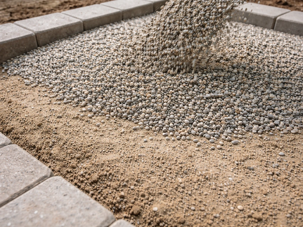 Close-up of pea gravel being spread over a prepared patio base with a concrete edge visible.