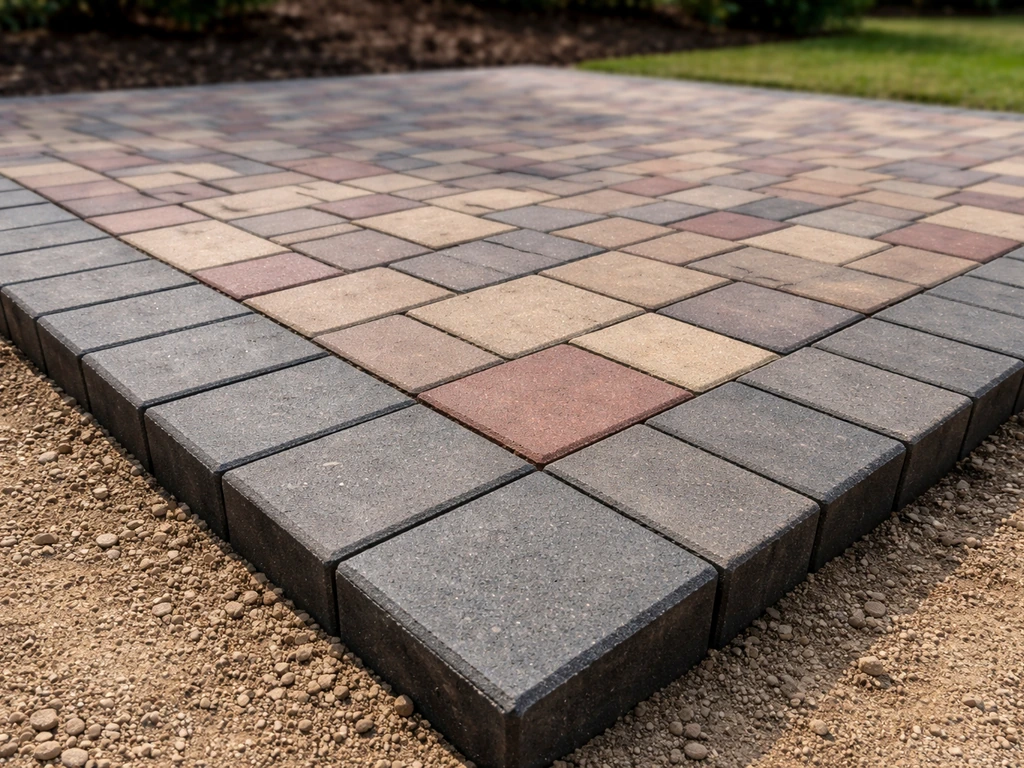 Finished brick/paver patio with sand joints and a sharply leveled edge detail, no people.