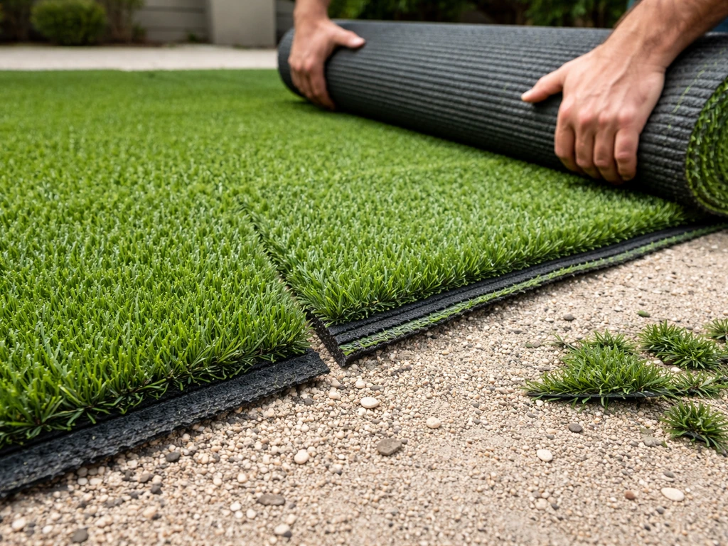 Close-up of artificial turf roll unrolled on a patio base, showing seams, backing, and trimmed edges.