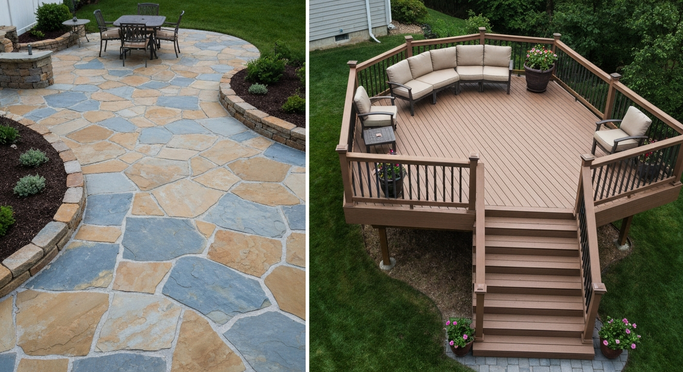 Split-view backyard: flagstone patio at grade (left) and elevated wood deck (right), showing material, elevation, and use differences.