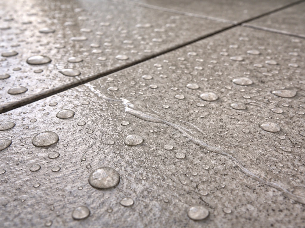 Macro close-up of wet outdoor porcelain tile surface showing textured water beading for slip resistance.