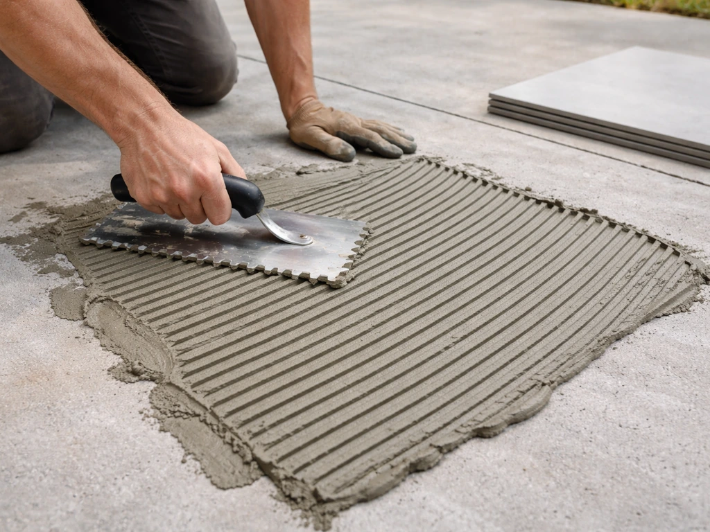 Exterior porcelain tile installer spreading thinset on a prepared concrete slab with comb marks