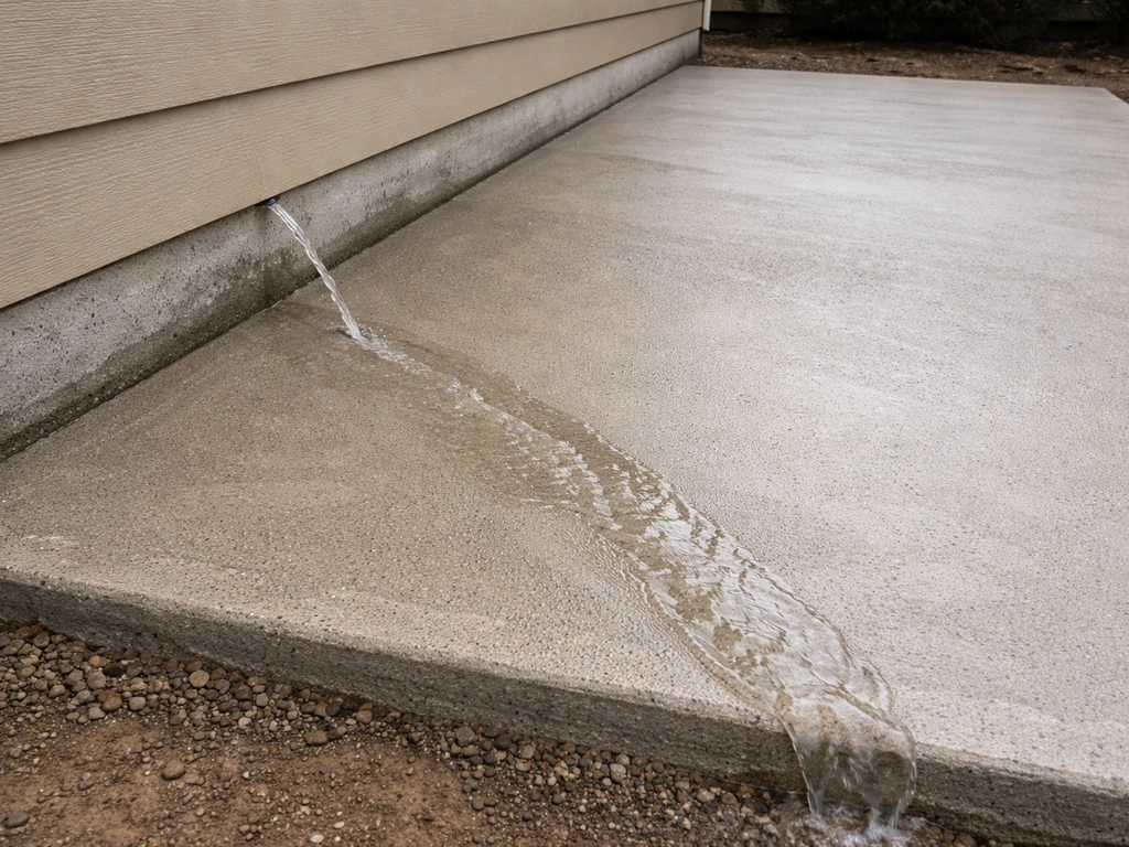 Sloped patio base with water poured to flow away from a structure wall for drainage visualization