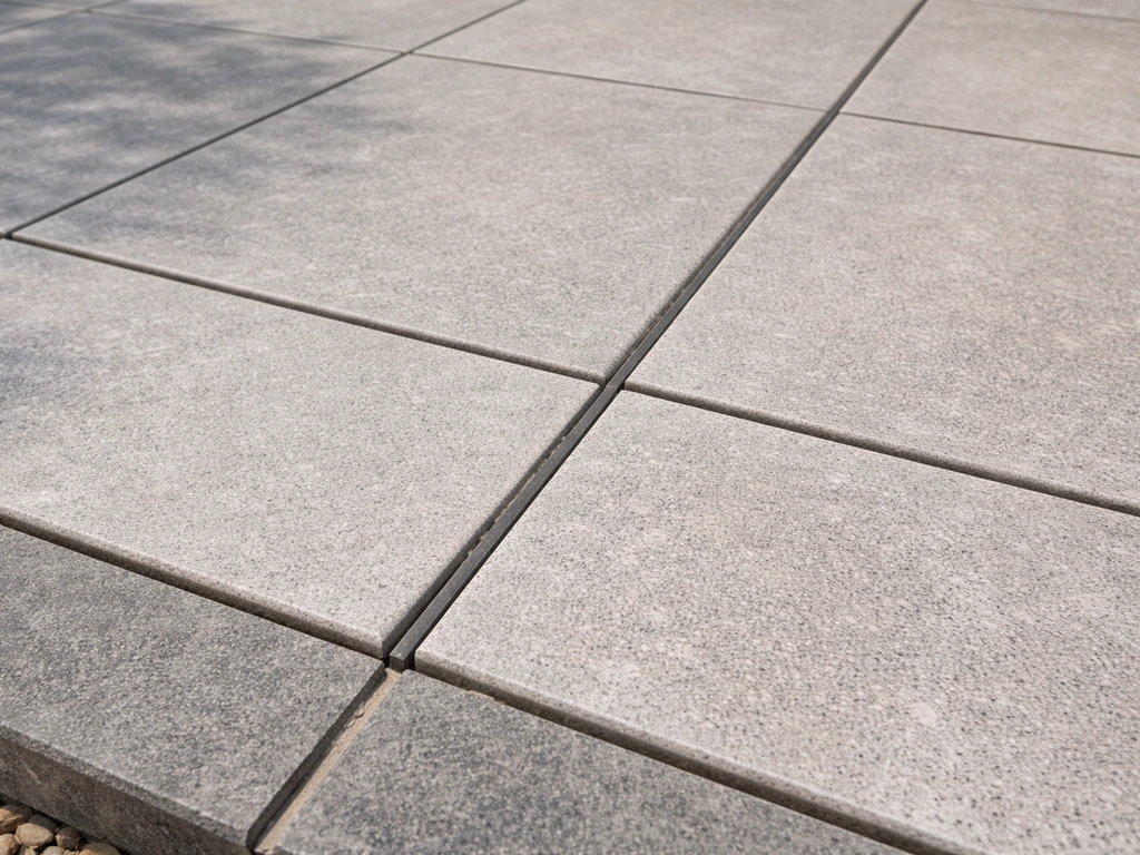 Close-up of outdoor tile field showing correctly spaced movement joint gaps with joint material and sealant