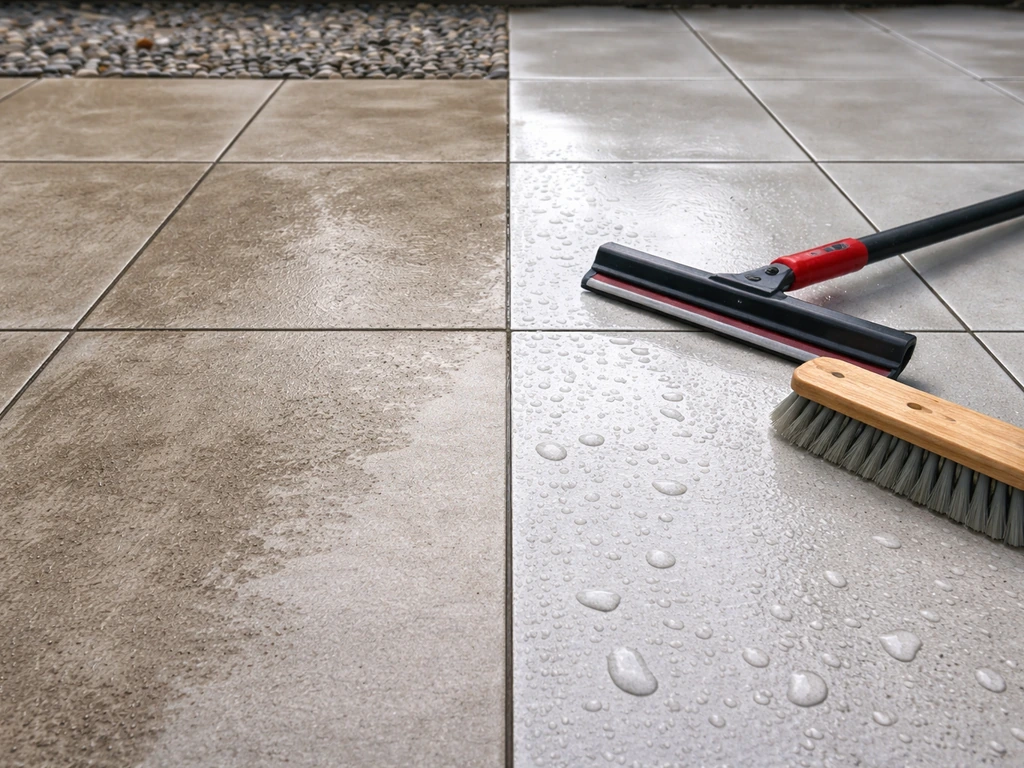 Close-up porcelain patio tile, freshly cleaned with water beading and brush/squeegee visible.