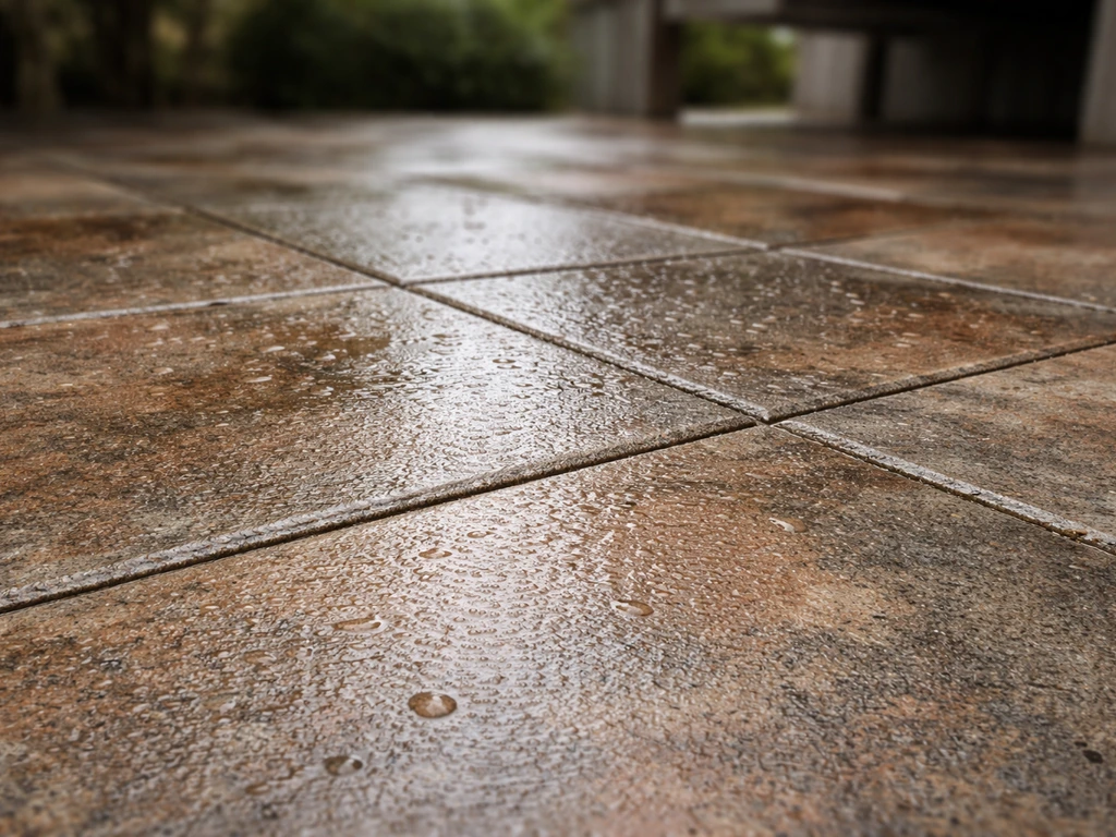 Close-up of shaded, wet textured porcelain patio paving with minimal moss and a light water sheen.