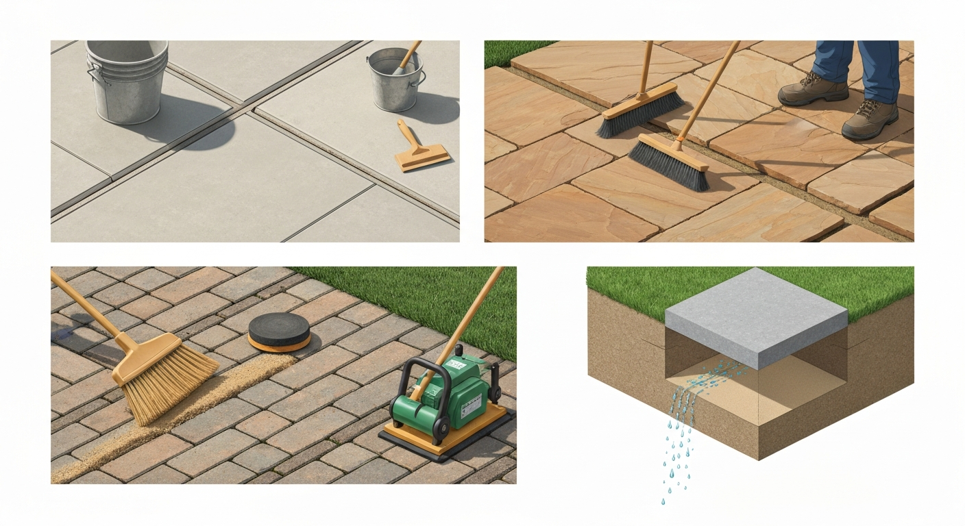 Composite isometric illustration showing porcelain with epoxy joints, natural stone with brush-in resin, brick pavers with polymeric sand and plate compactor, and a permeable paving cross-section.