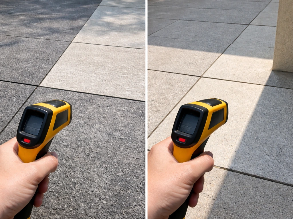 Thermal-style temperature comparison on dark stone vs light pavers in sun and shade