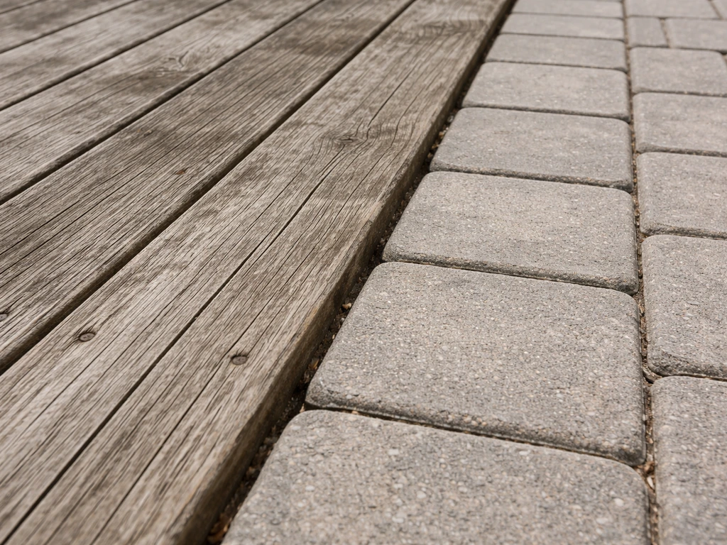 Close-up of weathered gray wood deck boards beside intact stone pavers, highlighting durability.