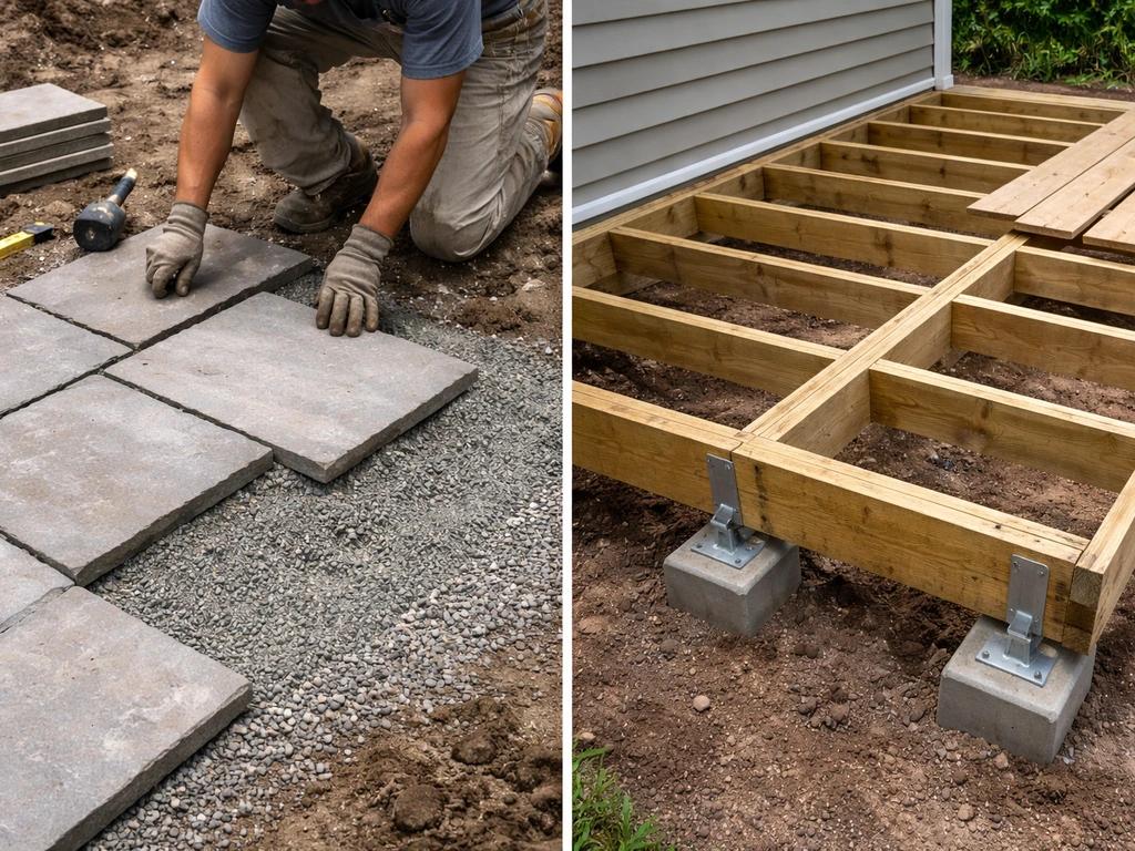 Split view showing excavated gravel base with stone pavers vs exposed deck framing and footings.