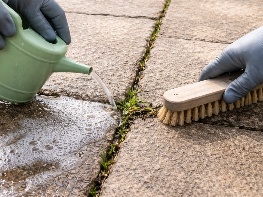 Hands apply pH-neutral cleaner to stone patio pavers, then brush weeds from patio joints