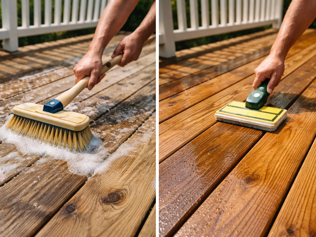 Hands cleaning pressure-treated wood deck boards with a brush and applying protective stain