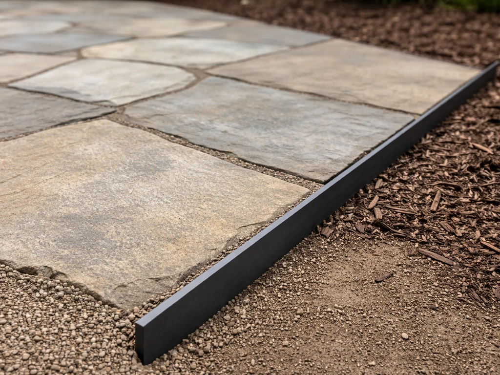 Finished flagstone patio edge with crisp metal edging separating stones from landscaped soil.