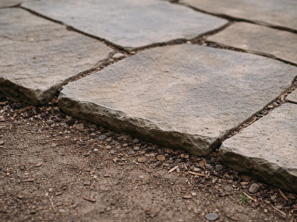 Close-up of a flagstone patio edge where stones are slightly spreading due to missing lateral restraint.