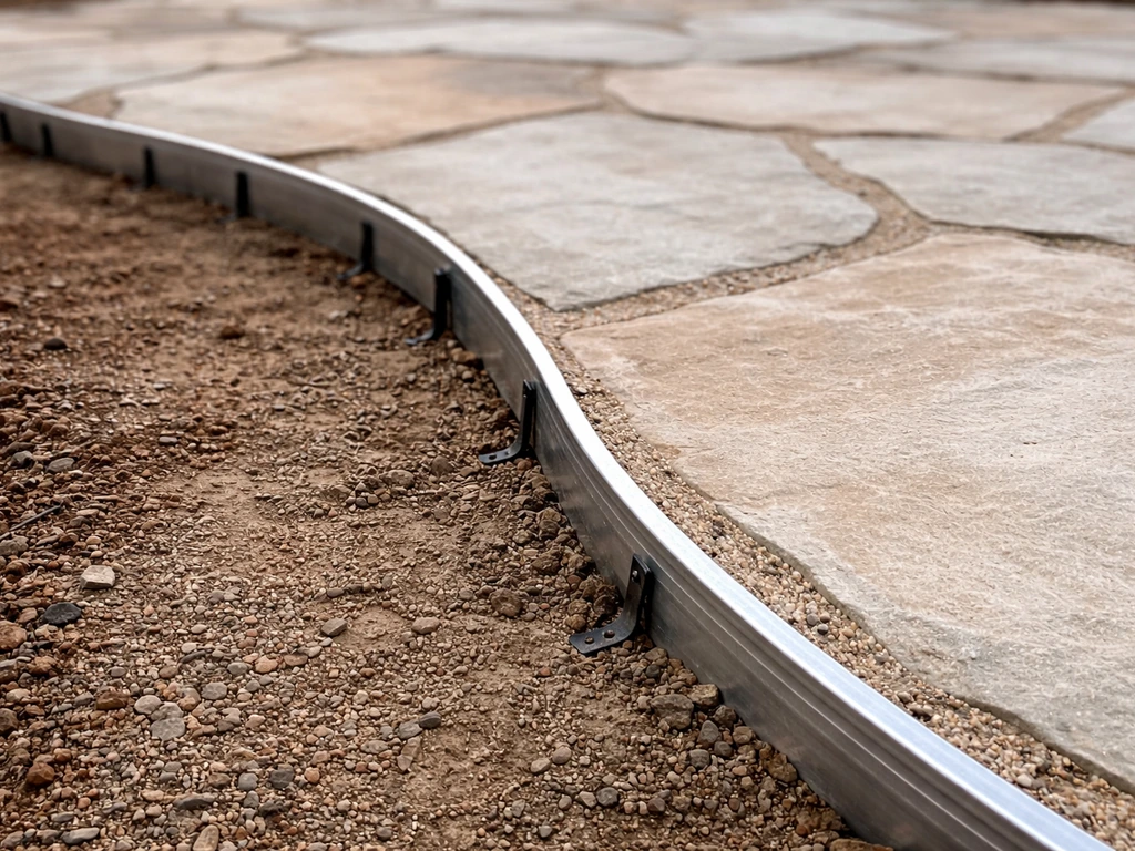 Aluminum edging curved along a flagstone patio, neatly aligned with stone height.