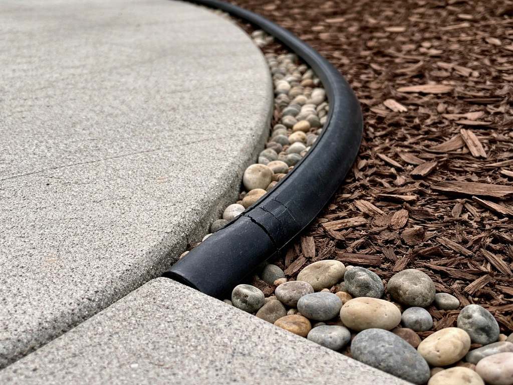 Close view of flexible black polymer edging along a patio with visible UV brittleness cracking.