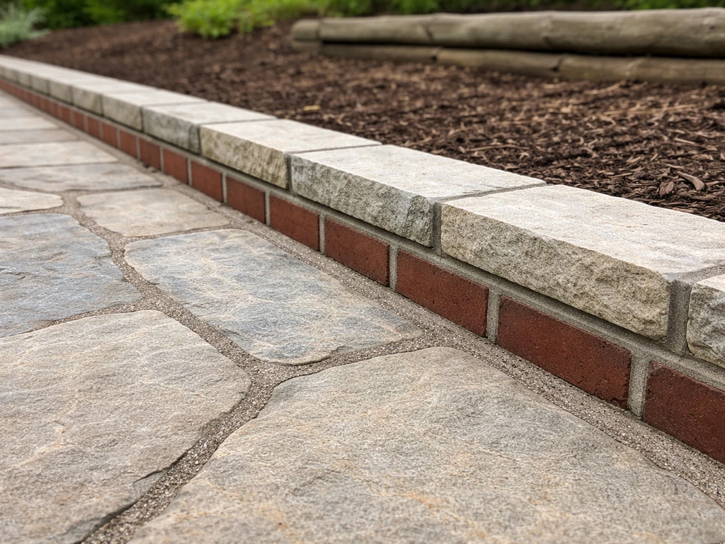 Flagstone walkway bordered by mortared brick and cut stone with neat, solid mortar lines.