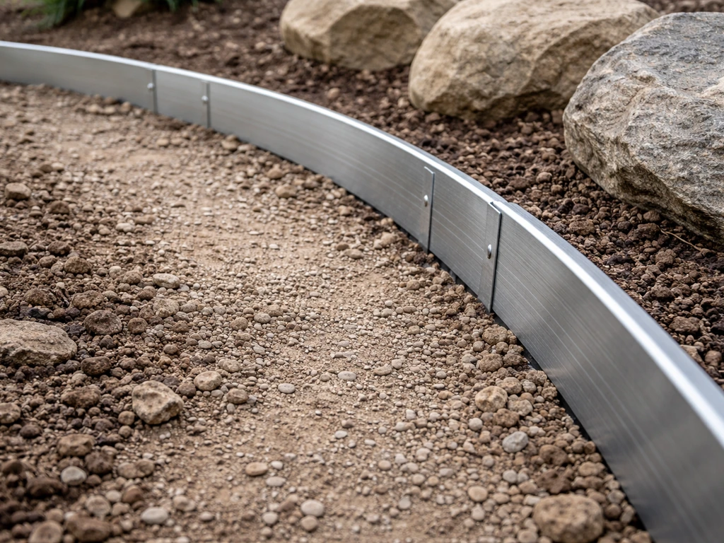Close-up of aluminum landscape edging curving tightly with scored sections and compacted backfill.