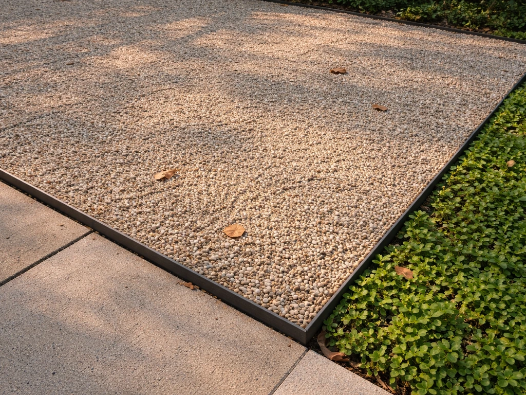 Close view of a pea gravel patio bordered by landscaping edging with surrounding greenery.
