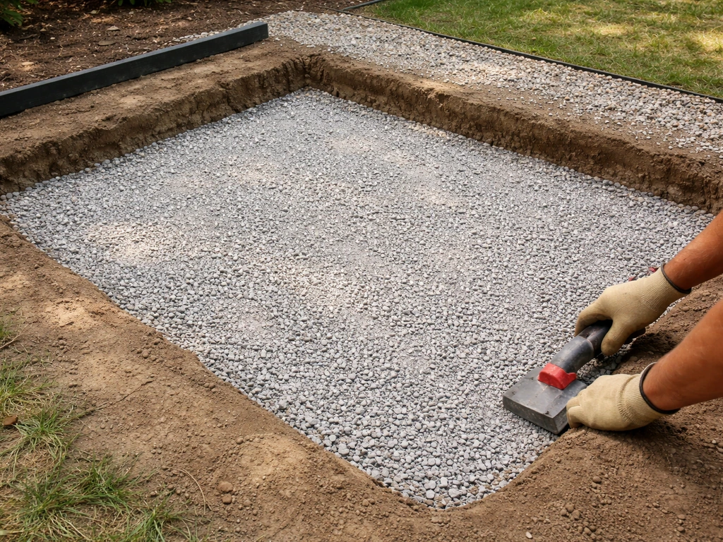 Excavated patio area with compacted crushed stone base ready for pea gravel, installer smoothing stones.
