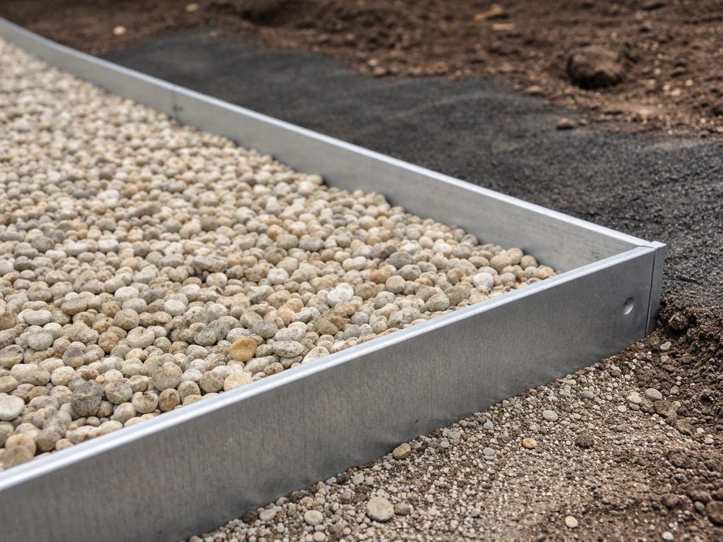 Close-up of metal landscape edging containing pea gravel with a visible 2–3 inch depth.