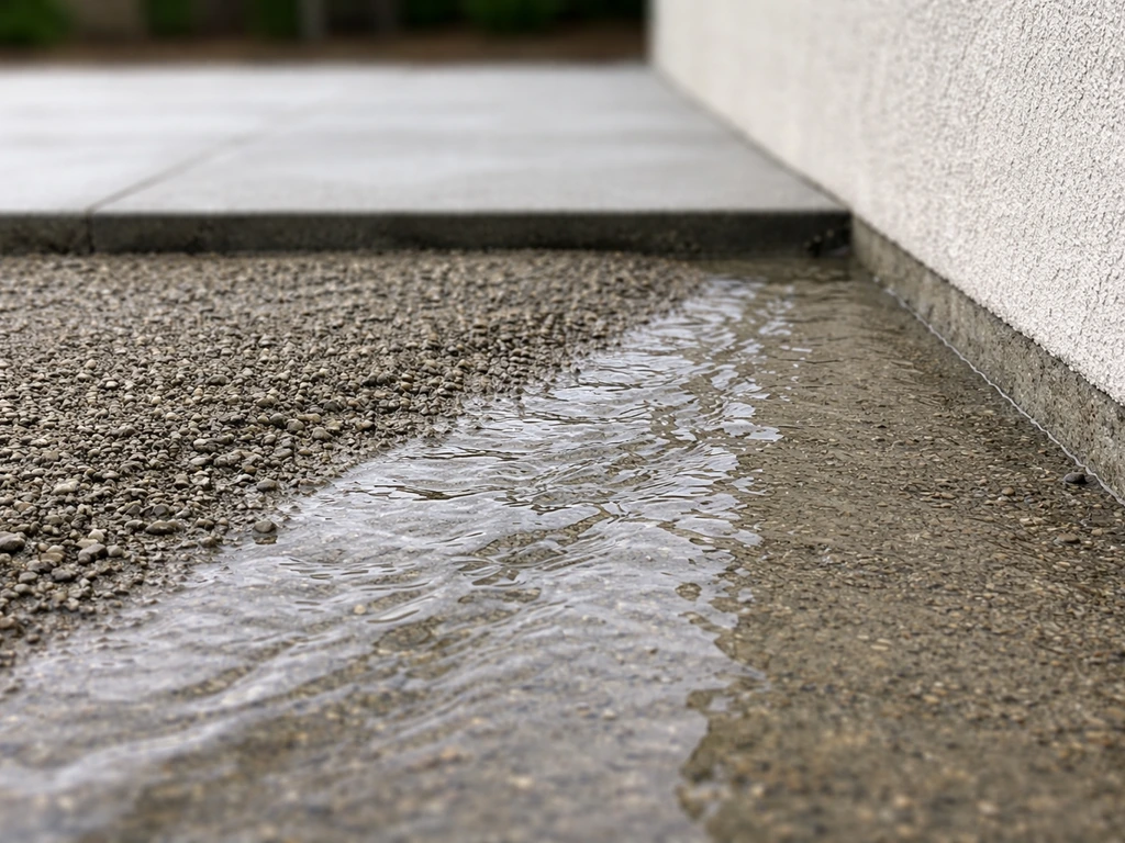 Close-up of a patio base graded with a slight slope, showing water runoff moving away from a wall.