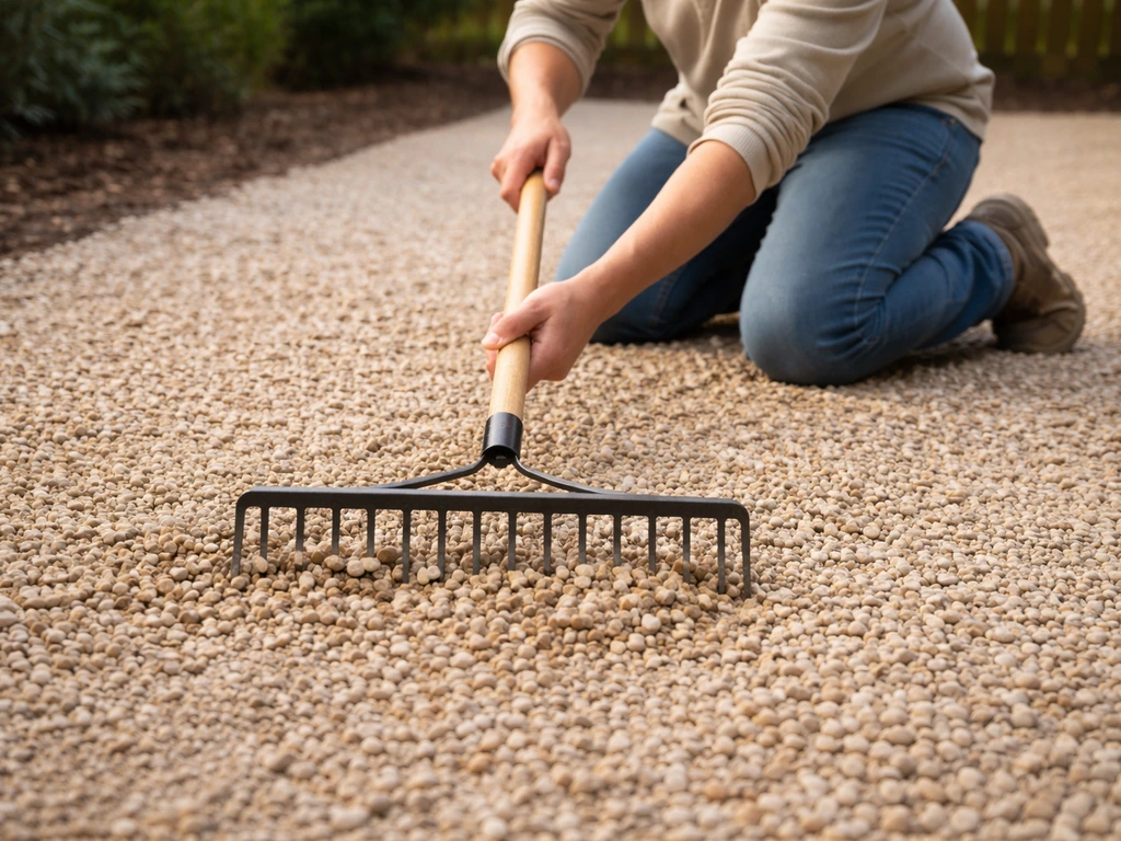 Person rakes and redistributes pea gravel in a simple outdoor walkway