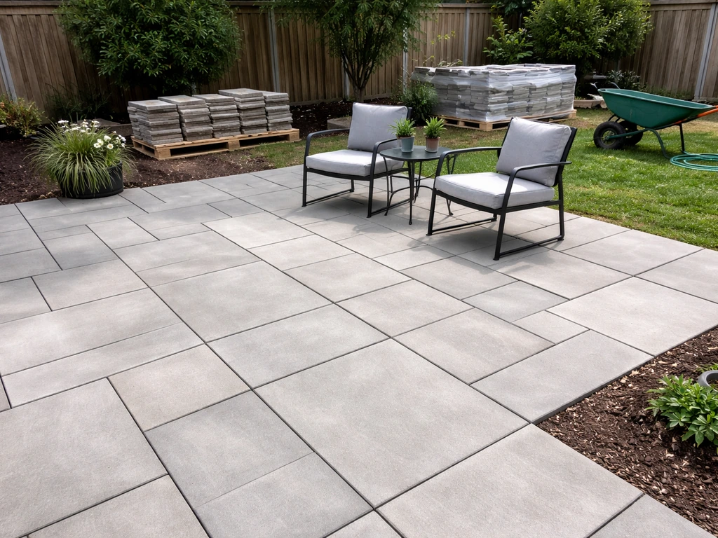 Neatly installed patio slabs with staged paver pallets and materials nearby in a quiet backyard.