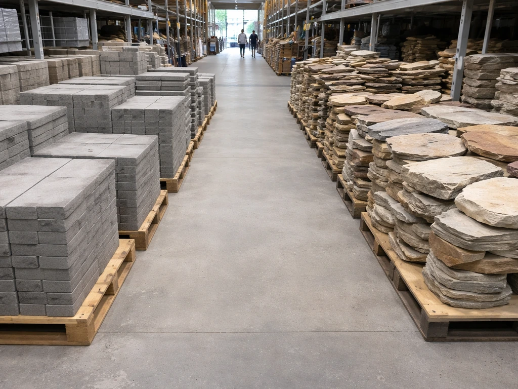 Side-by-side view of two big-box outdoor paver display bays with stacked patio slabs and stone.