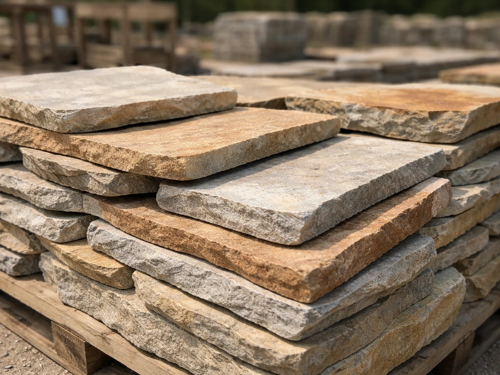 Close-up of natural flagstone slabs on a yard rack showing varied colors and thicknesses.