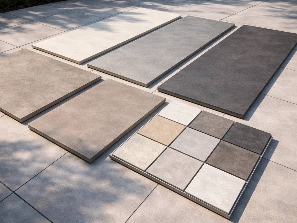 Porcelain patio slab samples with different finishes laid out outdoors in a simple showroom display.