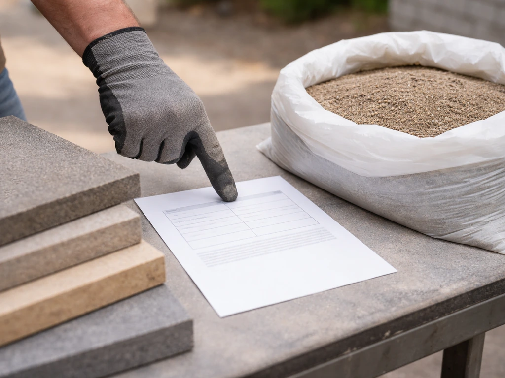 Gloved contractor hands pointing at an installation spec sheet near patio slab samples and base material container.