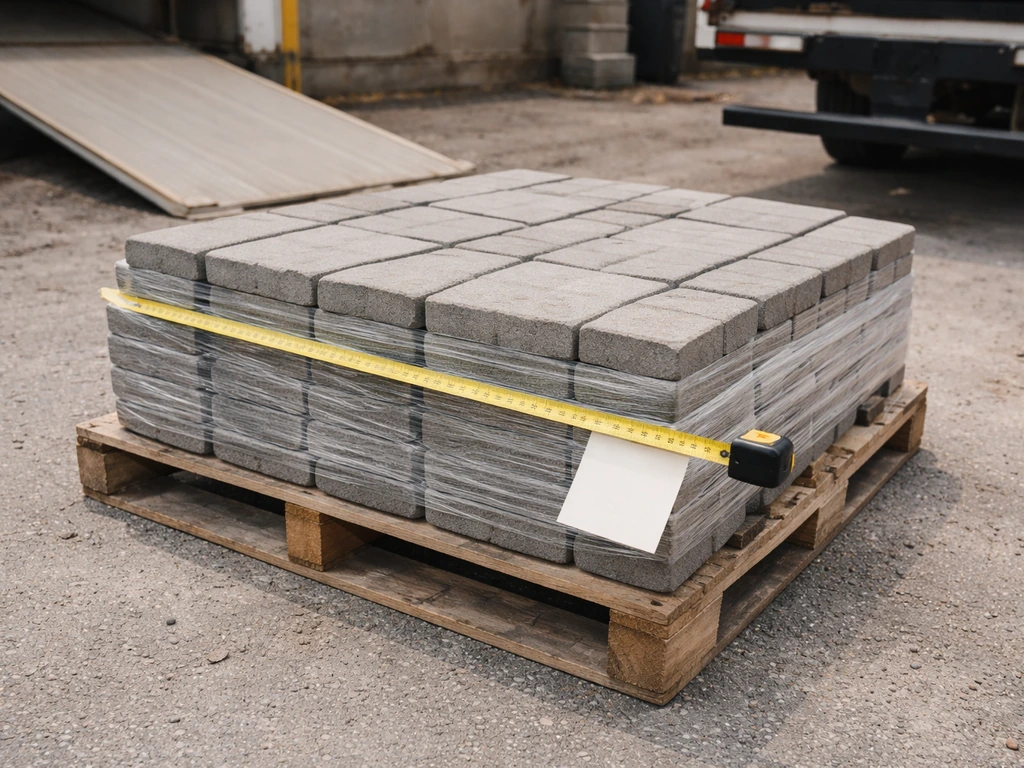 Pallet of patio pavers beside a loading truck ramp with a measuring tape and blank delivery note.
