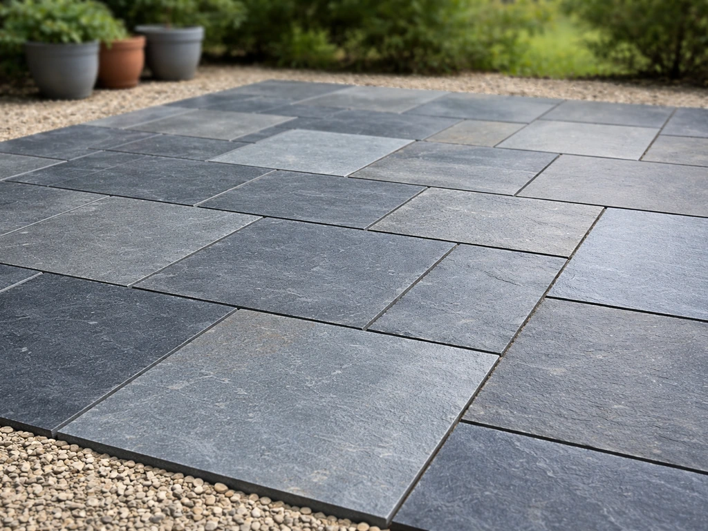 Clean finished slate patio with natural stone texture and subtle color variation laid neatly outdoors.