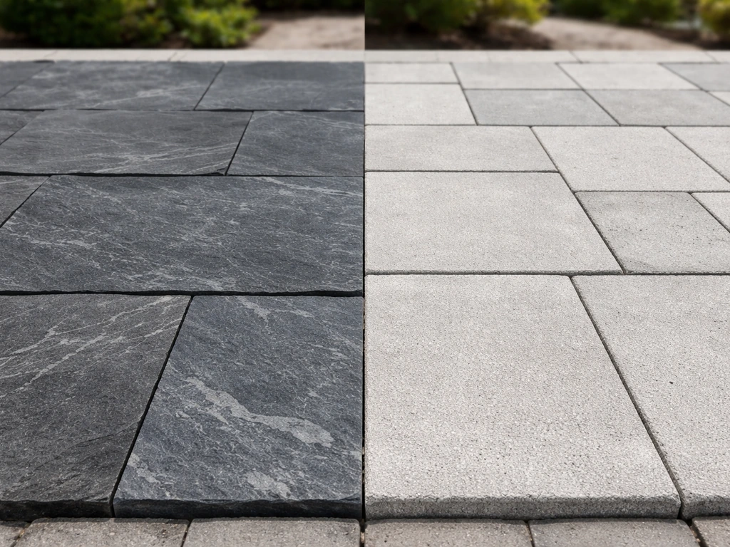 Side-by-side slate slabs and light gray concrete paver showing texture differences on a patio surface.