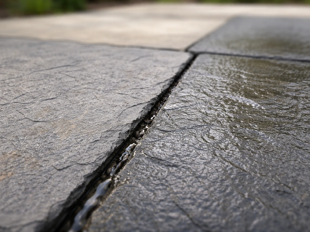 Close-up of naturally cleft slate patio showing dry and lightly wet rough texture with a drainage gap