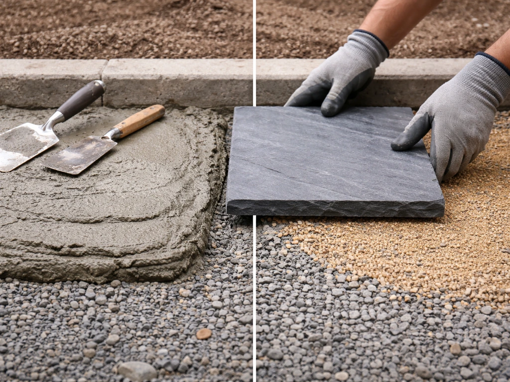 Close-up of outdoor slate pavers being set on mortar bed beside a gravel drain base
