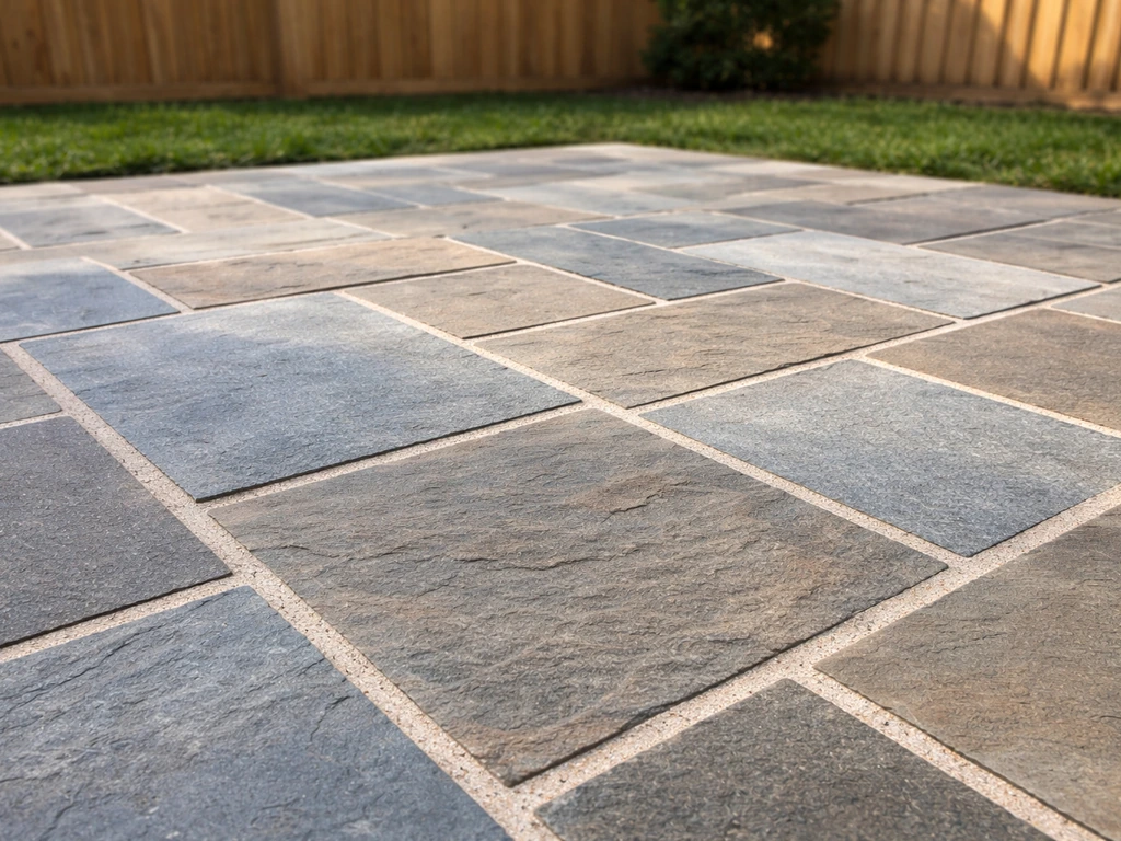 Close view of a finished natural stone patio with slip-resistant pavers in warm outdoor light.