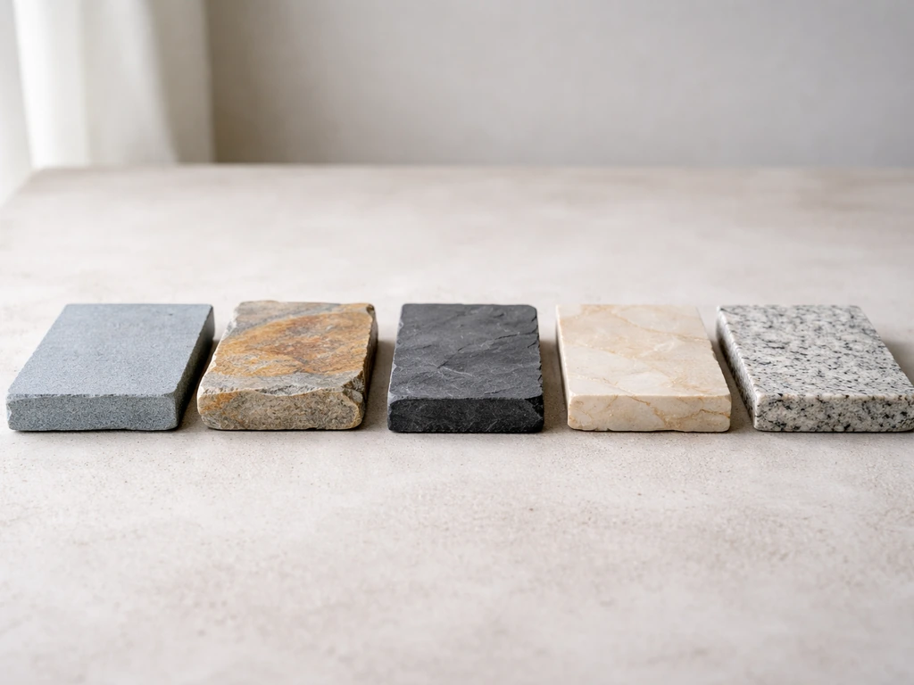 Side-by-side patio stone samples showing different textures and tones.