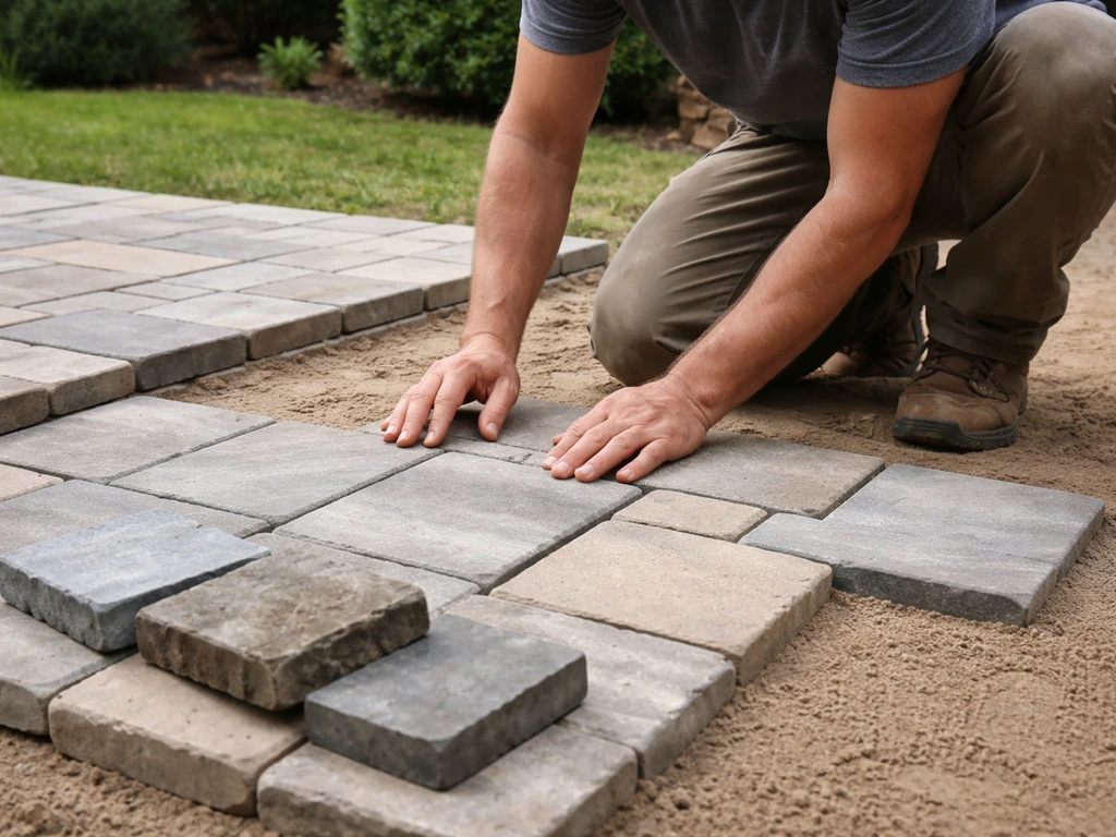 Anonymous installer kneels beside sand-set patio stones, comparing wet samples and spacing checks in daylight.