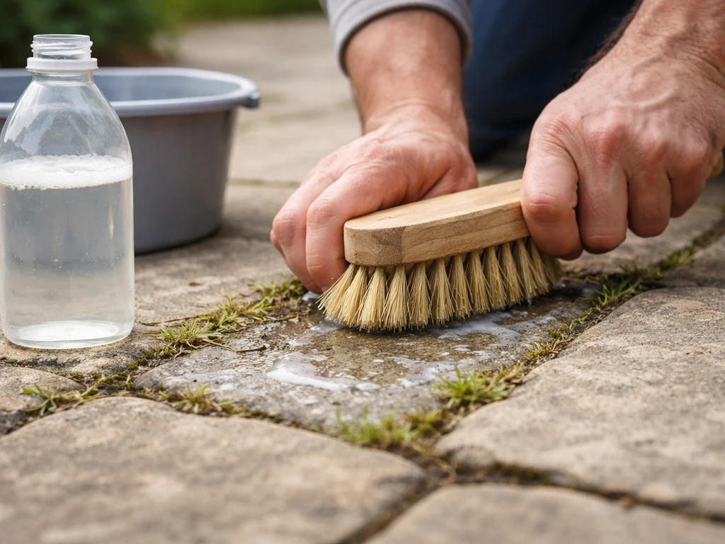 Hands stiff-brush cleaning a stone patio, applying stone-safe cleaner to joints without a pressure washer.