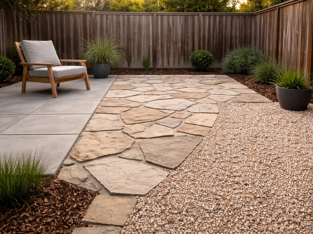 Backyard patio with three visible surface textures—pavers, natural stone, and gravel—in separate simple zones.