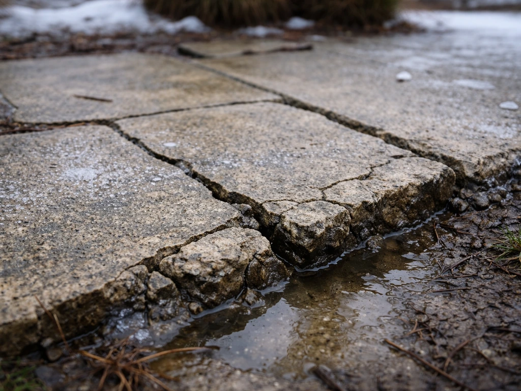 Close-up of a winter patio with cracks and spalling from freeze-thaw water trapped in porous material.