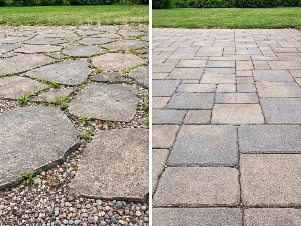 Split patio view showing weeds and joint gaps on a cheaper gravel section vs a cleaner durable finish.