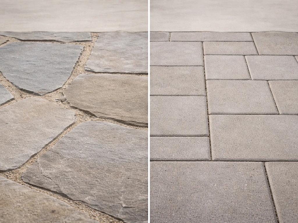 Split view of flagstone with sand joints vs concrete pavers with filled joints, natural textures side-by-side.