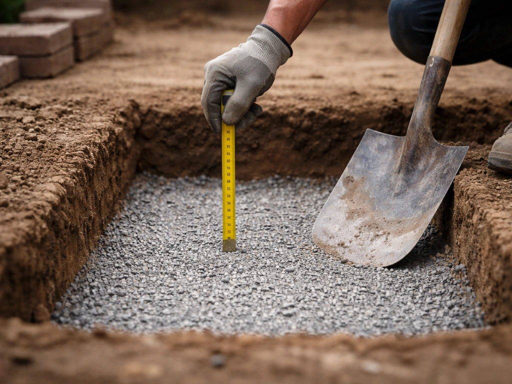 Gloved hands measuring patio excavation depth with a tape, showing a compacted gravel base for pavers.