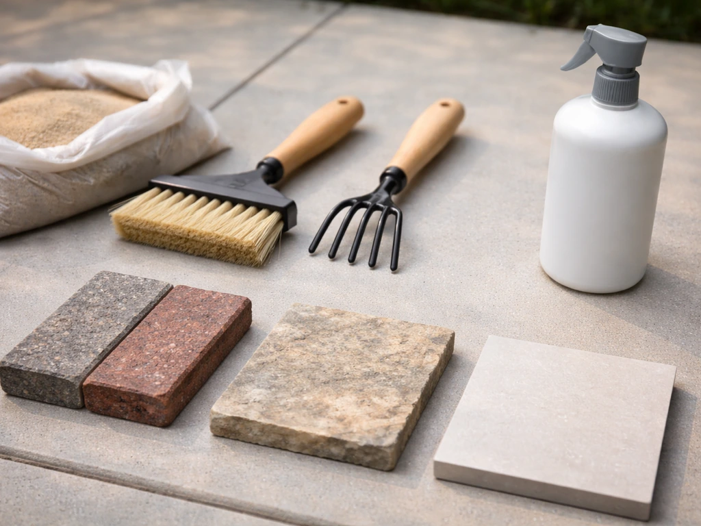 Tools for patio upkeep beside sample materials: pavers/brick, natural stone, and porcelain tile.