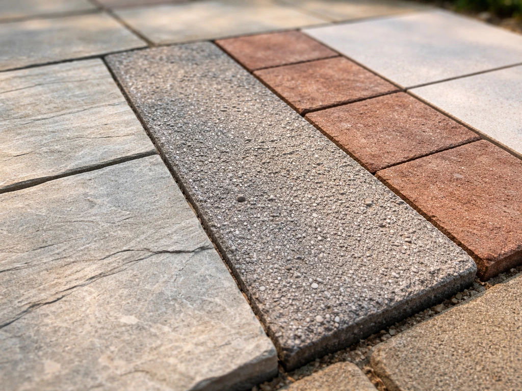 Close-up of natural stone, concrete pavers, brick, and porcelain patio stones laid side-by-side, showing textures.
